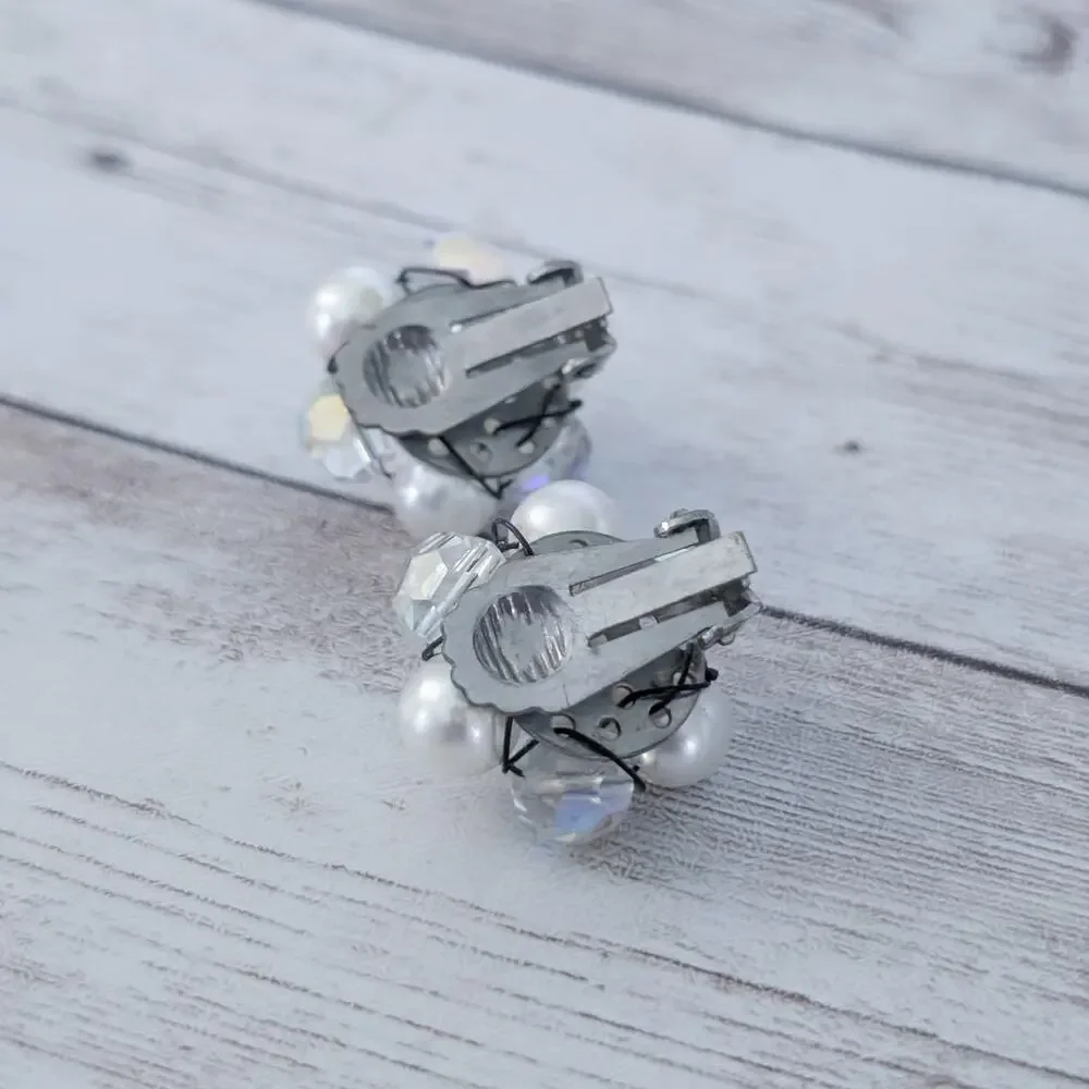 Vintage Clip On Earrings Faux Pearl & Iridescent Cluster Statement